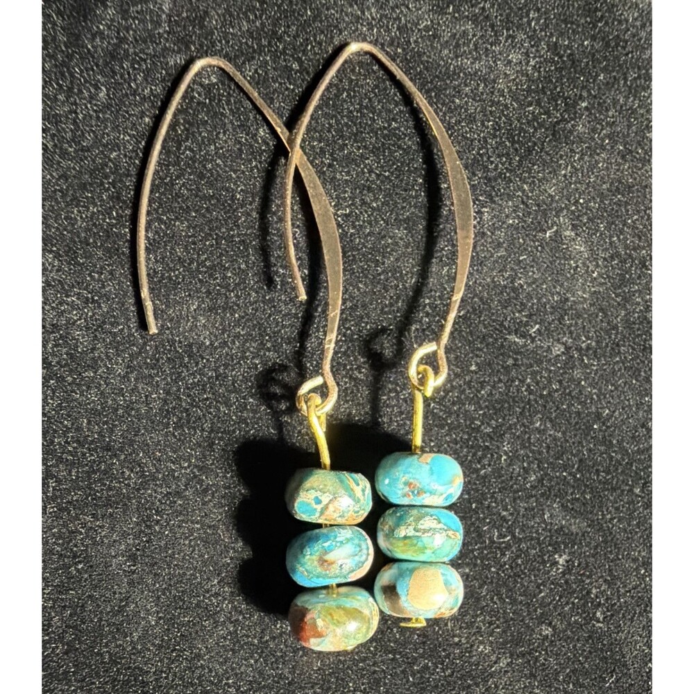 Turquoise Blue Rondelle Stone Beaded Dangle/Drop Hook Gold Plated Earrings
